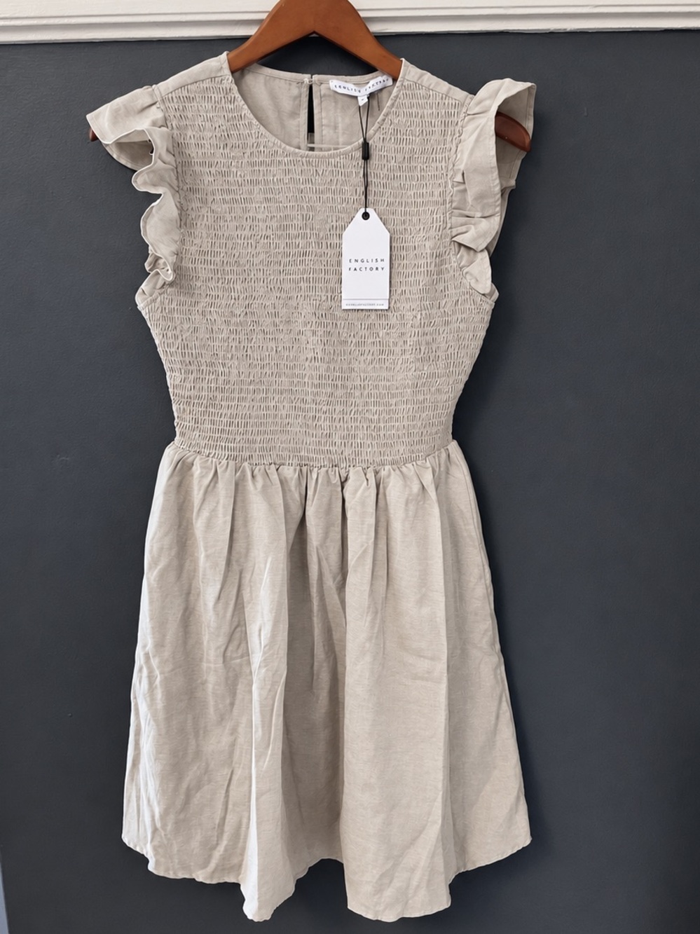 English Factory Beige Smocked Ruffle Sleeve Dress NWT Size S